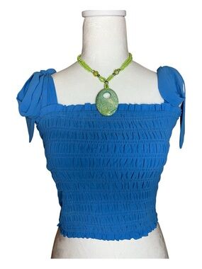 Altar'd State Blue Smocked Tie-Shoulder Crop Top